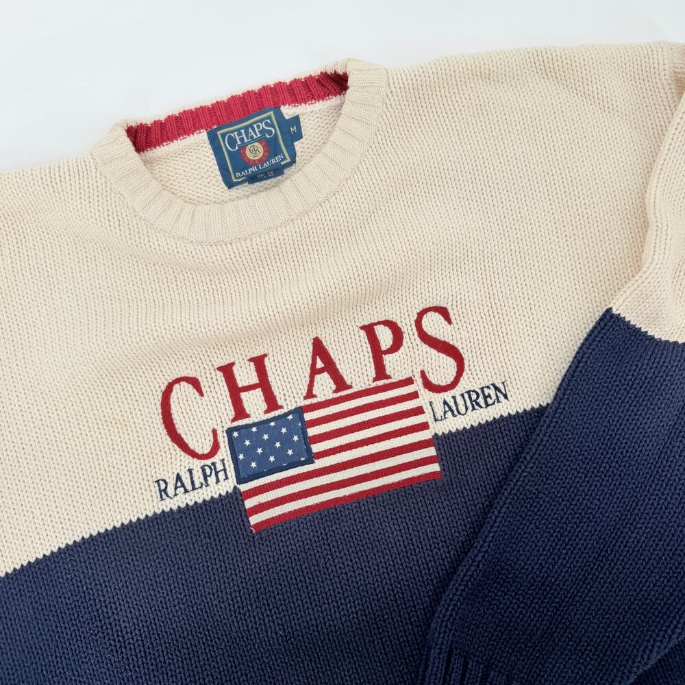 Vintage Chaps Ralph Lauren American Flag Heavy Knit Color Block Sweater Medium